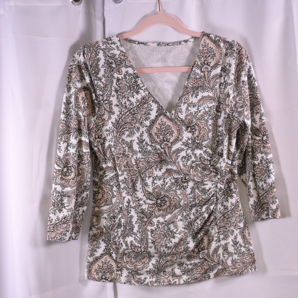 Talbots White Brown Paisley Faux Wrap V-Neck 3/4 Sleeve Blouse Women's Small